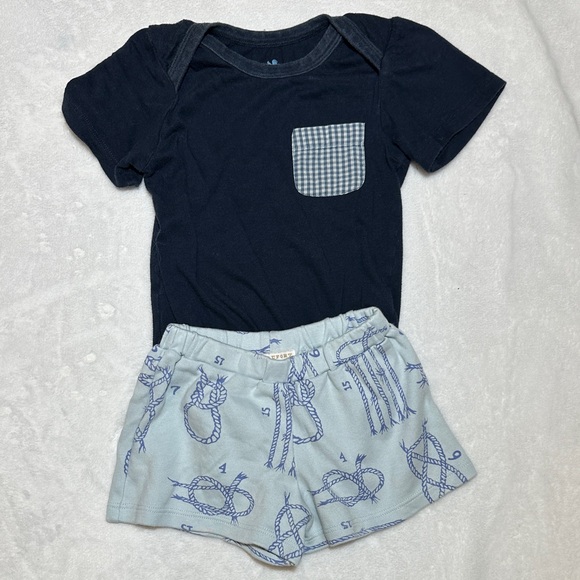 The Beaufort Bonnet Company Other - EUC The Beaufort Bonnet Co. nautical shorts & Blue Rooster pocket onesie 12/18mo